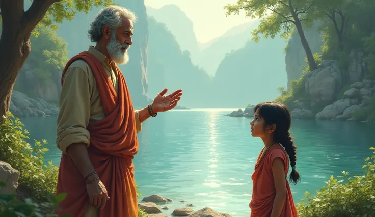 Father Explaining Ganga's Power: Radhika’s father pointing at the Ganges, explaining its spiritual significance to her.