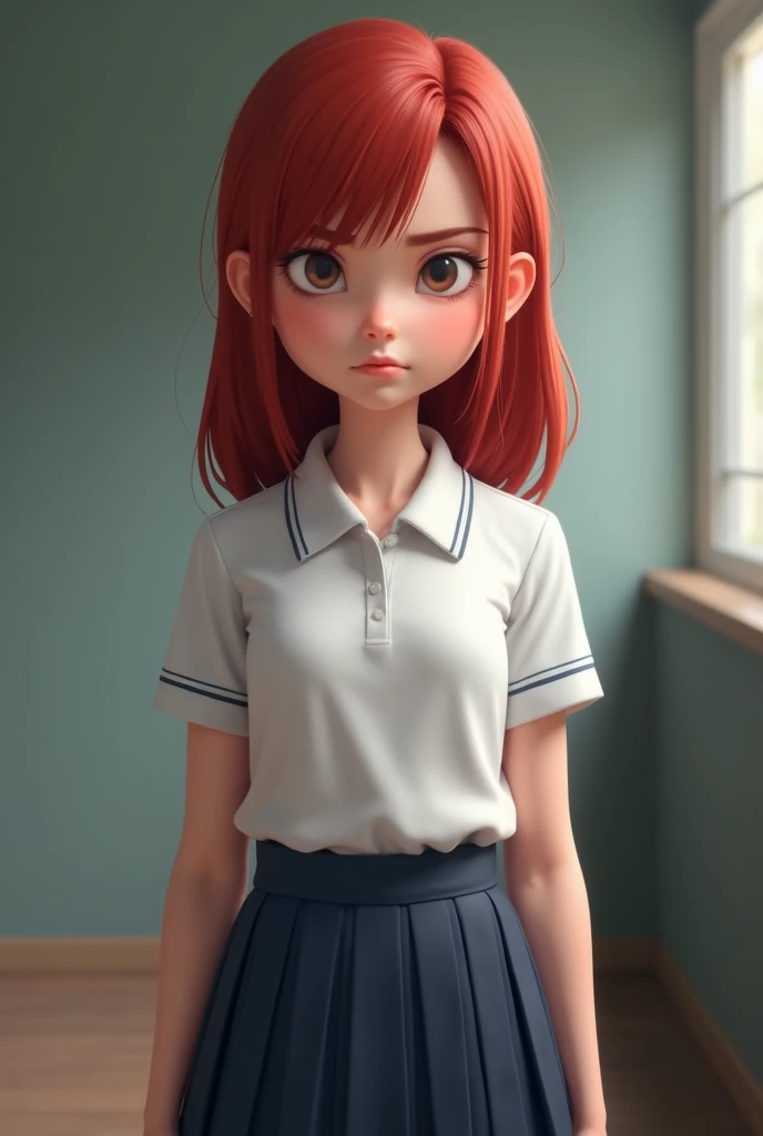 A schoolgirl with red hair in a white polo shirt in a dark blue skirt is unhappy with you