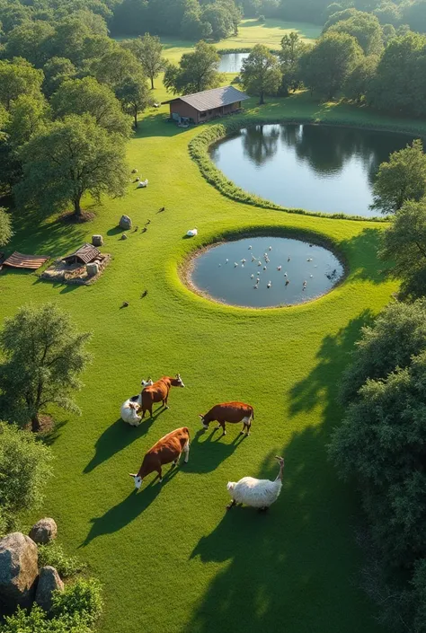 A close-up view of a 10-bigha farm showcasing its key elements. In the foreground, cows are grazing on lush green grass near their well-structured shelters on one side. On the opposite side, a clean and organized duck farm with ducks roaming around a small...