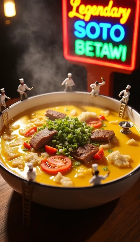 "A giant bowl filled with Soto Betawi steaming with golden yellow coconut milk sauce, filled with pieces of tender beef, offal and fried potatoes. Miniature chefs in white uniforms and chef's hats were working: some were pouring coconut milk from small tea...