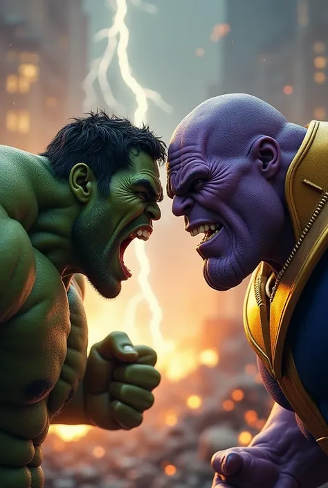 Prompt 1:

"Create an image featuring the Hulk and Thanos positioned opposite each other, both displaying fierce, enraged expressions. The Hulk should be massive, green-skinned, with bulging muscles and clenched fists, his face twisted in anger. Thanos sho...