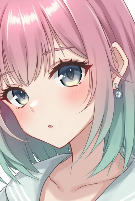 Anime woman with pink hair, partial mint hair, gray eyes, and a piercing in her left ear