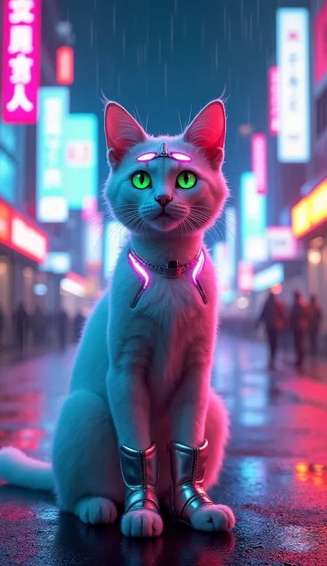 "A stunning, hyper-realistic 1:1 scale cat character standing on two legs, facing forward, with **vivid, striking green eyes** that glow slightly, contrasting against its sleek, snow-white fur. The fur is incredibly detailed, with each strand visible, and ...