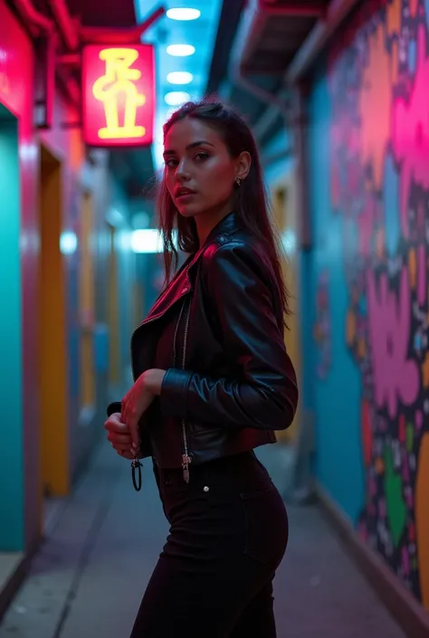  A young brunette woman in a black leather jacket and high-waisted pants ,  posing in an urban alley decorated with colorful neon lights and artistic murals.. She turns her head slightly and looks intently at the camera.,  with a vibrant and electric ambia...