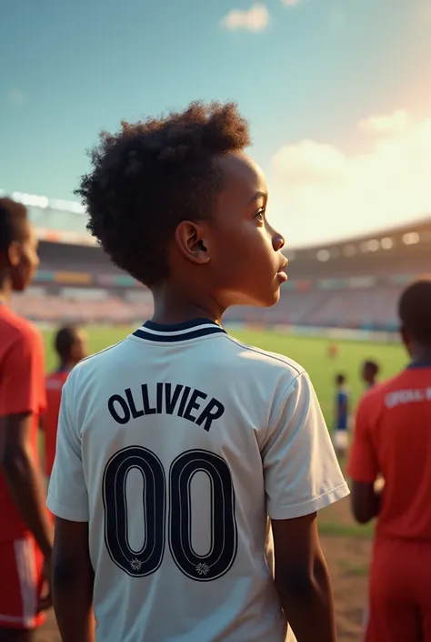 An African boy which wear the t shirt of FC Real Madrid which contain the world "Ollivier"  and number "00" who see the football match 