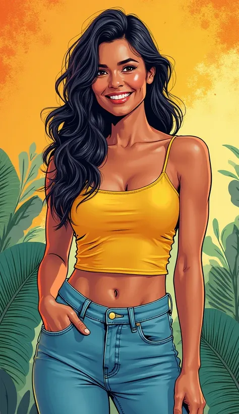 DISCREET image. with discreet casual clothes. image adult woman, american, comic book style. with a smile. IMAGES WITH COLORS.