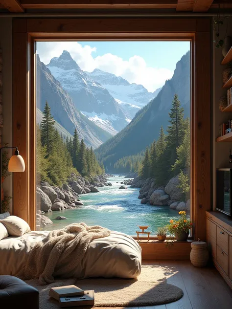 Room having outside view of river and mountain 