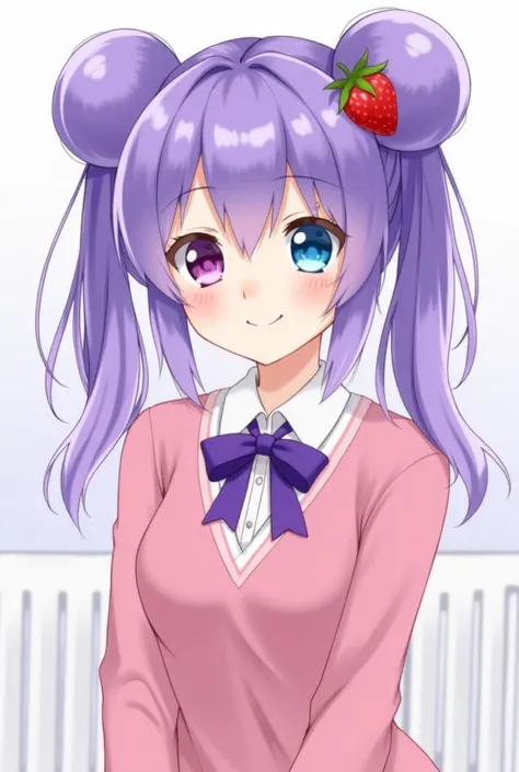  A girl with pale skin ,  purple hair with a two-ponytail hairstyle,  long hair, With two pompoms, with a strawberry in her hair, a pink schoolgirl outfit with a purple ribbon, falda rosa, white heaters one eye blue and the other purple rule 34