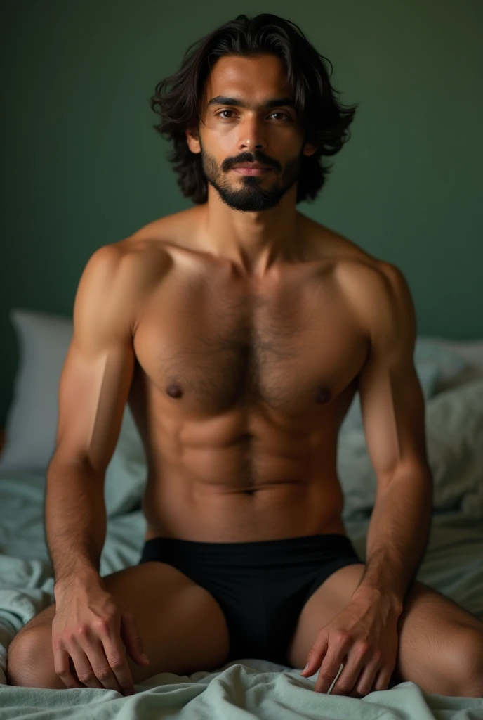 Front view. A handsome slim young indian man with slightly long hair,with beard, sharp jawline, hairy chest pointed nipples,in deep green sando and low waist black underwear, huge hips, round ass, knee down in bed