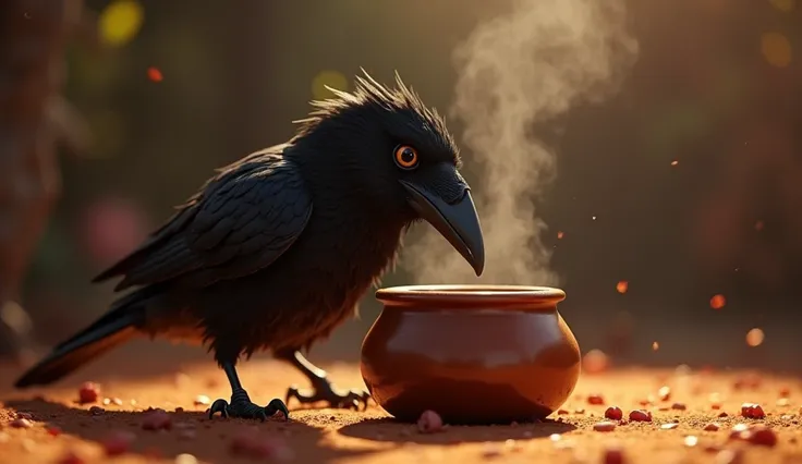 The crow hopped around the pot, trying to think. It pushed the pot with its beak, hoping to tip it over, but the pot was too heavy. "Am I too late? Is this the end?" the crow wondered, feeling hopeless.3d animation and disney  pixar