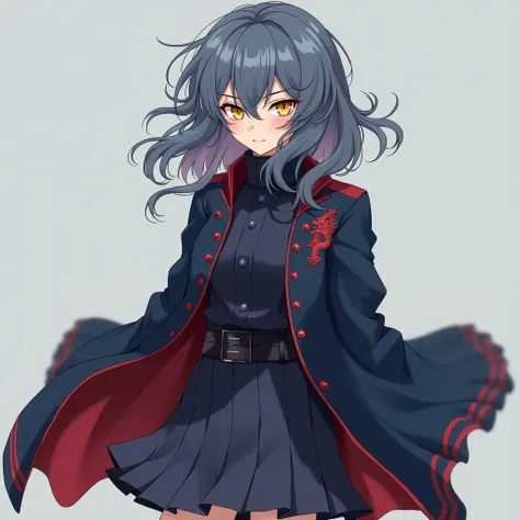  She is a brunette sorceress who wears the official uniform of the Jujutsu School :  a high-neck navy coat ,  with red buttons and dragon details embroidered on the fabric .  The skirt matches the jacket ,  and she always completes the look with long dark ...