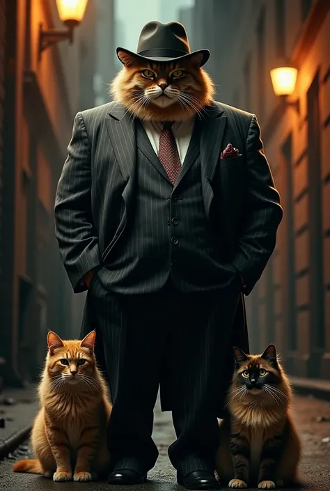 Depict a cat mafia boss for the United States, a massive Maine Coon twice the size of two smaller Siamese cats flanking him. The boss wears a pinstriped suit, a fedora, and smokes a cigar while standing in a dimly lit New York alley."