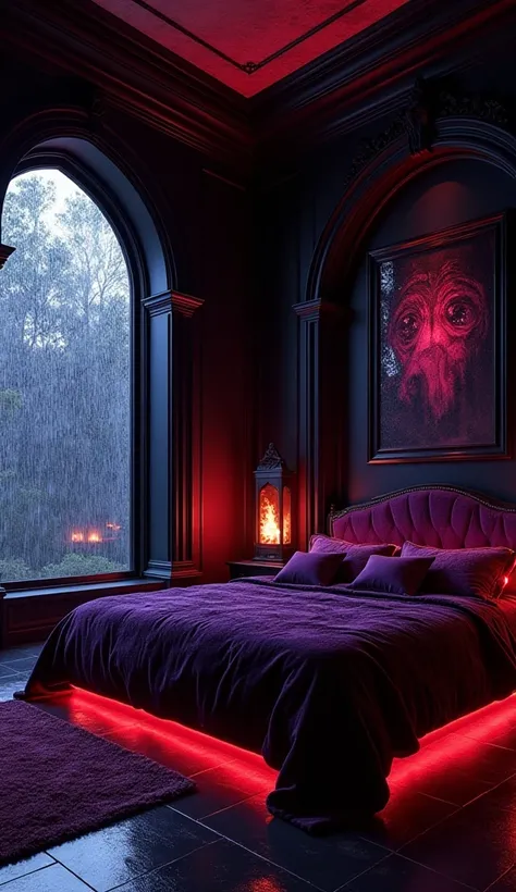 A dark-themed, luxurious gothic bedroom with deep black walls and crimson and violet RGB lights creating a moody ambiance. A massive rain-covered arched window lets in dim natural light, illuminating a king-sized velvet bed with intricate gothic designs. A...