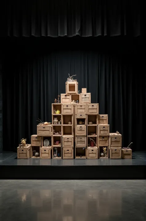 Stage with black curtain backdrop and projector screen in the middle with pyramid of crates woth random things in it on the side of the stage at the back of the podium