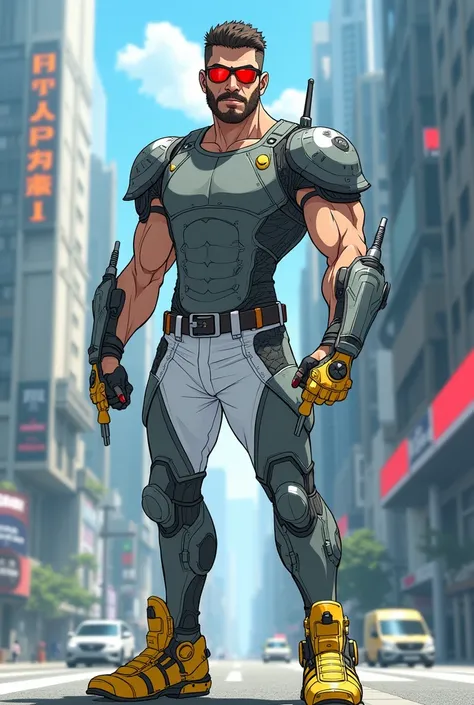 Small man with a cropped beard on his chin
 
NO MUSTACHES 

athletic dressed in a sleeveless t-shirt white pants on top of a technological armor complete with a gray technological closed chest including its RED TECHNOLOGICAL OPTICAL GOGGLES with an antenna...