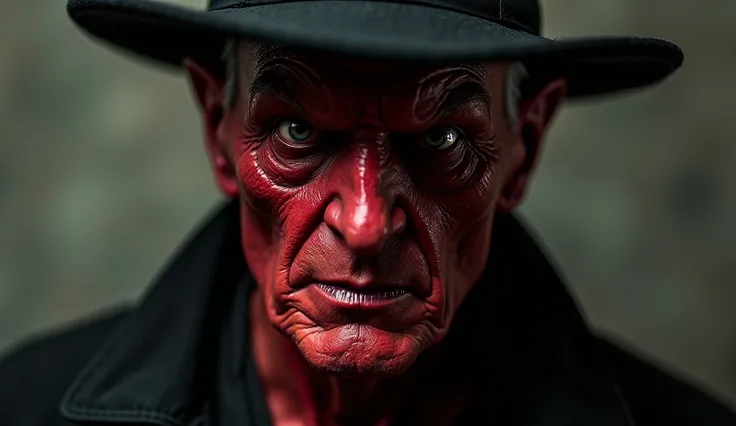 Create the image of a man in a black hat, his face is red like Satan, a realist and creepy image.  