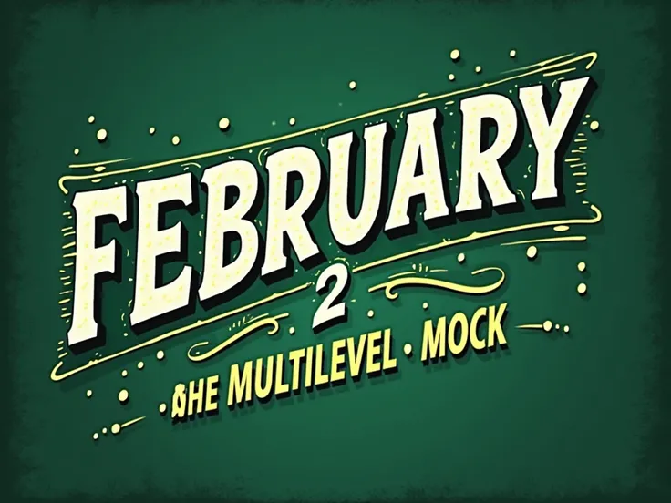 Describe a calendar that prominently displays words "FEBRUARY 2 IELTS AND MULTILEVEL MOCK ", featuring a bold and vivid design. The primary colors should be GREEN and dark tones, creating a striking visual contrast.
