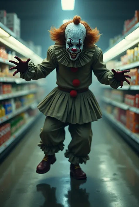 Terrifying clown dancing in the supermarket