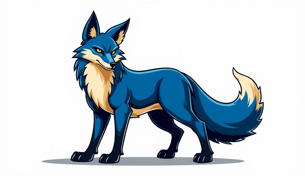 A majestic and fierce blue fox standing proudly with sharp, pointed ears and vibrant blue fur accented by golden-yellow highlights along its chest, tail, and paws. The fox's expression is determined, with piercing eyes and an elegant, powerful stance. Its ...