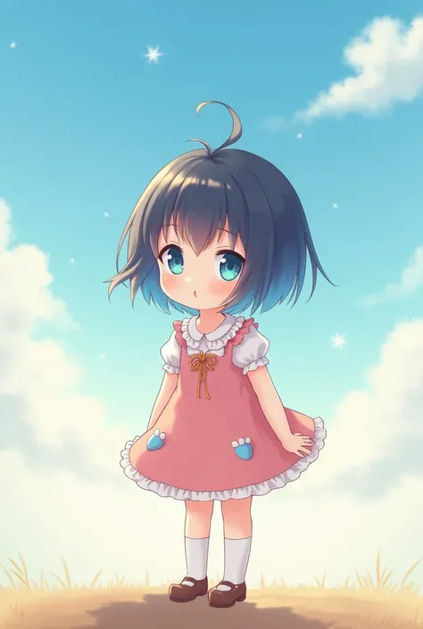 A baby anime girl with short black hair with blue tips
Bright sky blue eyes
With Ropita