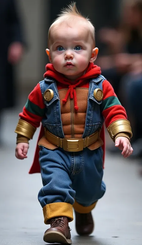 "Create an image of a cute new born baby with blue eyes dressed in a detailed jocker cosplay costume. The new born baby should be walking on a Paris Fashion Week catwalk or posed in a way that mimics the heroic stance of jocker personage, looking directly ...