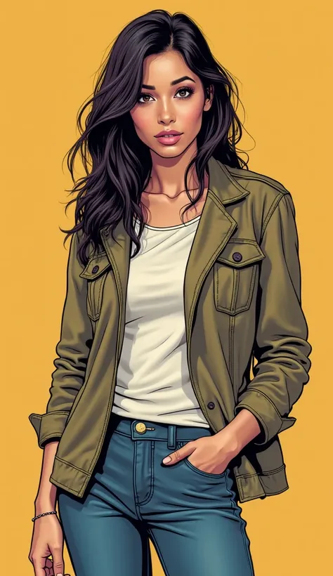 DISCREET image. with discreet casual clothes. image adult woman, american, comic book style. with a neutral face. IMAGES WITH VIBRANT COLORS. half body image only