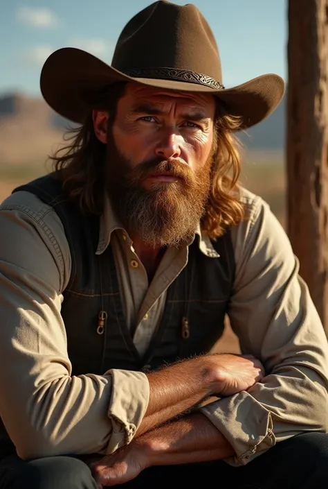 Man with long wavy hair and gentleman-style beard . With cowboy hat posing seated 