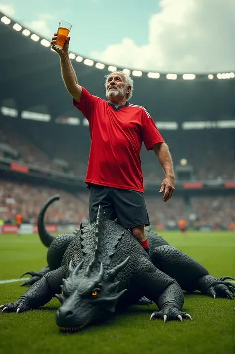  Old man wearing a red soccer jersey and with a beer in his left hand,  on a soccer field, Stepping on the head of a black dragon celebrating victory  