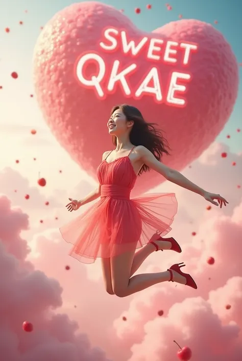 a beautiful Korean woman jumps in the clouds smiling sweetly wearing a short dress of red pink color ombre hair color iridescent color under her a giant red and pink fruit pudding like hovering above it there is an inscription SWEET QKAE text lit up a lot ...