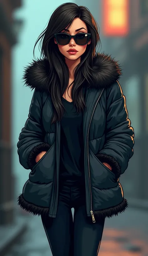 female cartoon character with fur jacket that ends at the waist. Skinny and tall woman, dark shades and long bangs