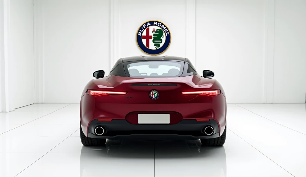 A photo of a bright  maroon) ( 2025 Alfa Romeo arna)  in a luxurious white showroom. The car'front back side view is fully visible. The (company) badge is prominently displayed large on the wall behind the car. The floor is spotless white.