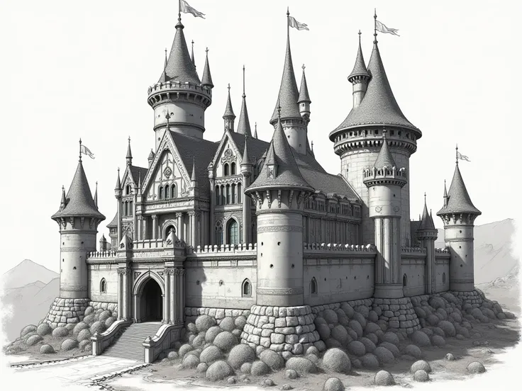 Medieval fantasy castle with front side and rear and perspective views. Drawing for modeling. 