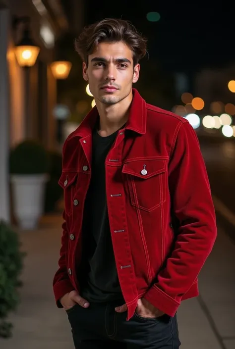    A man with a youthful and attractive appearance  .    His hair is dark brown  ,    pants with a casual and slightly wavy style  .    He has a confident and relaxed expression     .   He's wearing a red corduroy jacket and black jeans,   denim jeans that...