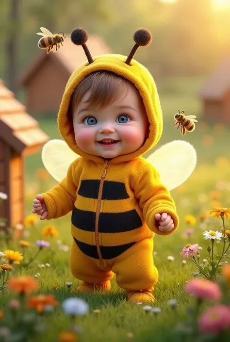  A full body view of an ultra-realistic chubby baby dressed in a costume Of yellow and black striped bee, completo com soft,  transparent wings and a headband with adorable antennas .  The baby has light brown clusters ,  bright blue eyes ,  and a cheerful...