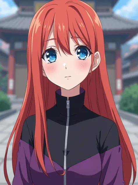  Female character from the Naruto universe , long orange red hair , blue eyes twinkling crystals , White skin tone,  female character from the Naruto universe , wearing purple and black clothes ,  looking like the age of 5 and another looking like the age ...