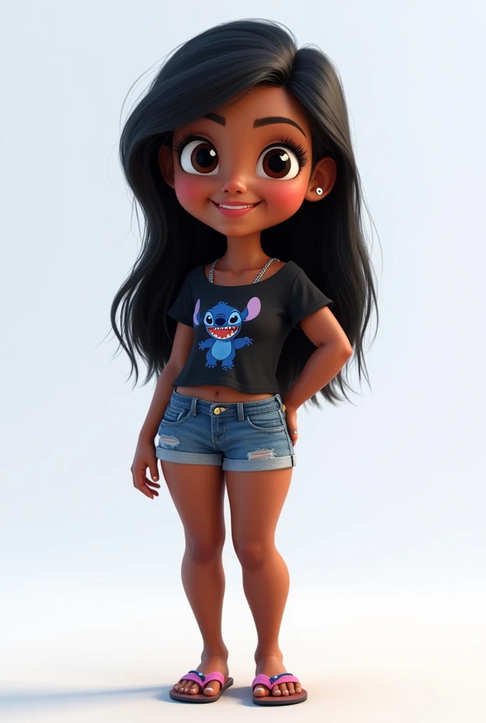 Create avatar of a Disney Pixar character with an all-female body, short, dark-skinned, long straight and black hair , Smile wide thin eyebrow ,  big breasts , normal belly and big hips, wearing a black blouse with the blue Stich design and blue denim shor...