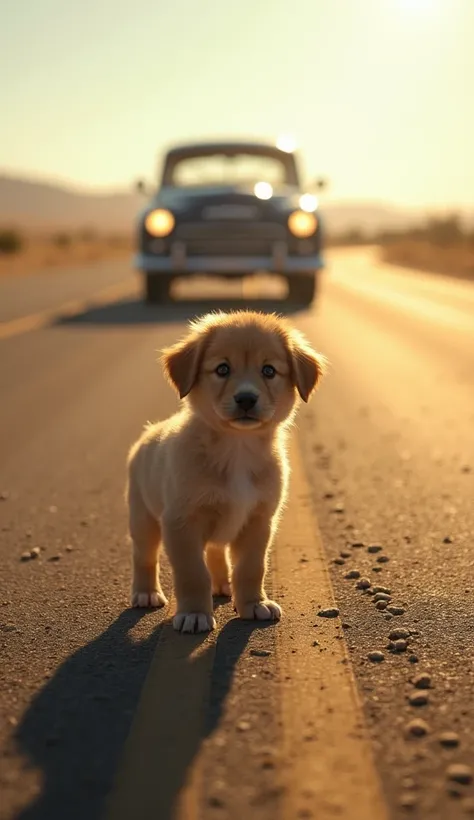 A car is coming toward the puppy on the asphalt.