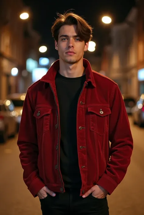    A man with a youthful and attractive appearance  .   His hair is short, dark brown.  ,    pants with a casual and slightly wavy style  .    He has a confident and relaxed expression     .   He's wearing a red corduroy jacket and black jeans,   denim jea...