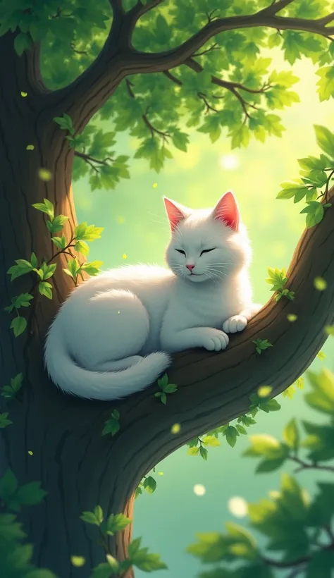 A white cat is sitting on a tree.