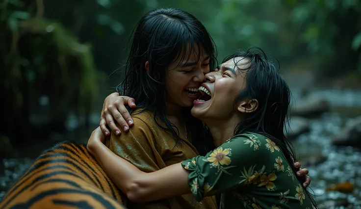 A beautiful Indonesian woman with a sharp nose, in her 30s, with long, messy, wet hair and a thin body, wearing a green flower-patterned dress that was wet and dirty. was screaming and crying and hugging tightly the head of a thin tiger lying weak, his leg...