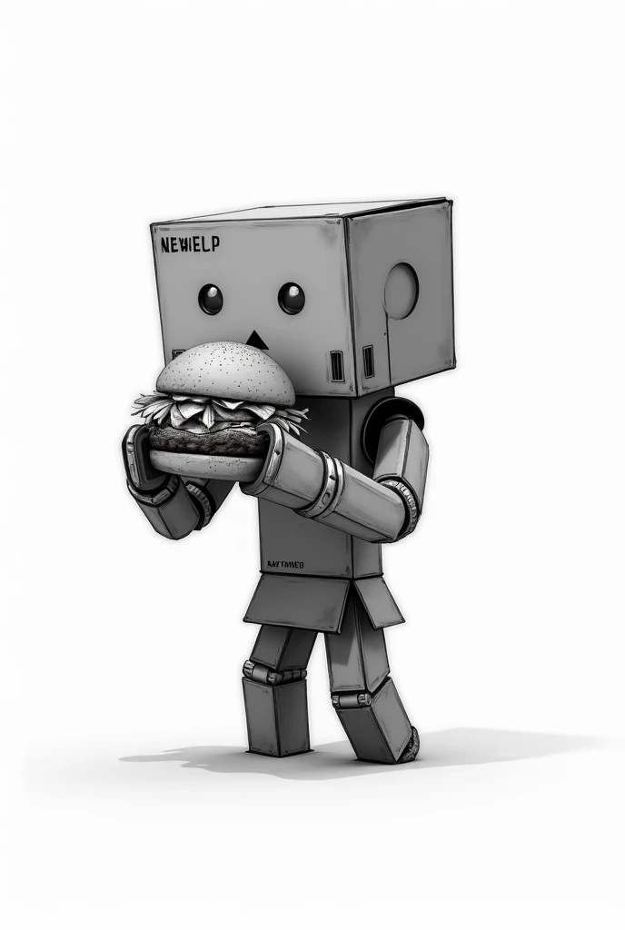 Black and white coloring image of a cardboard robot eating a hamburger