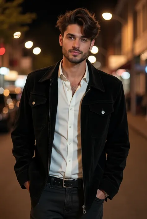    A man with a youthful and attractive appearance  .    His hair is short dark brown  ,    pants with a casual and slightly wavy style  .    He has a confident and relaxed expression     .    He wears a black corduroy jacket , white shirt and black jeans ...