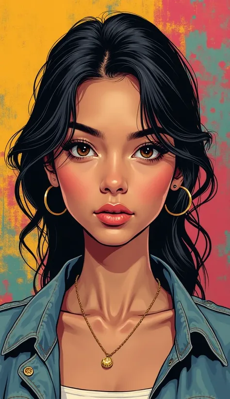 DISCREET image. with discreet casual clothes. image adult woman, american, comic book style. with a neutral face . IMAGES WITH VIBRANT COLORS. focus on face. image with high quality