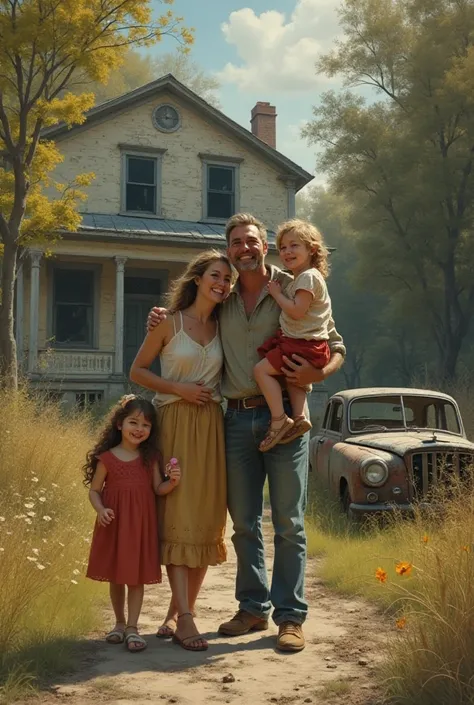  a happy family in an abandoned house and a broken car