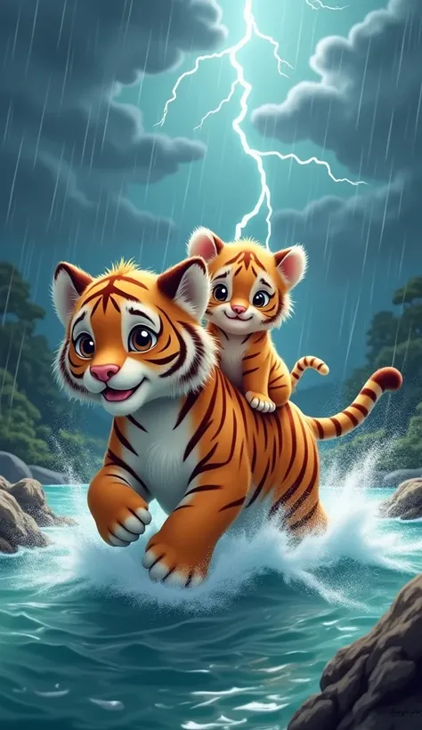   a fluffy cute little puppy in cute light brown and white color and fur on body is on the back of cute tiger cub  and there is storm in  background and they are passing through storm in river , the scene should be cartoon type , not realistic