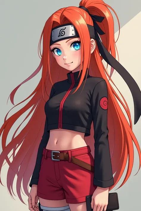 A female Naruto character with long orange red hair, Blue eyes shimmering crystals and a light skin color that looks like a teenager wearing shorts and cropped clothes, red and black ninja style with the reference to Naruto and the Naruto headband 