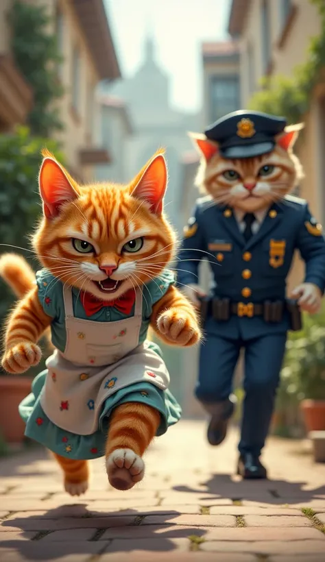 mother cat dressed with apron with angry face, chase father cat drssed police uniform