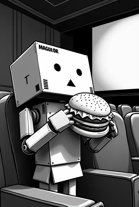 Black and white coloring pages of a cardboard robot eating a hamburger in a movie theater