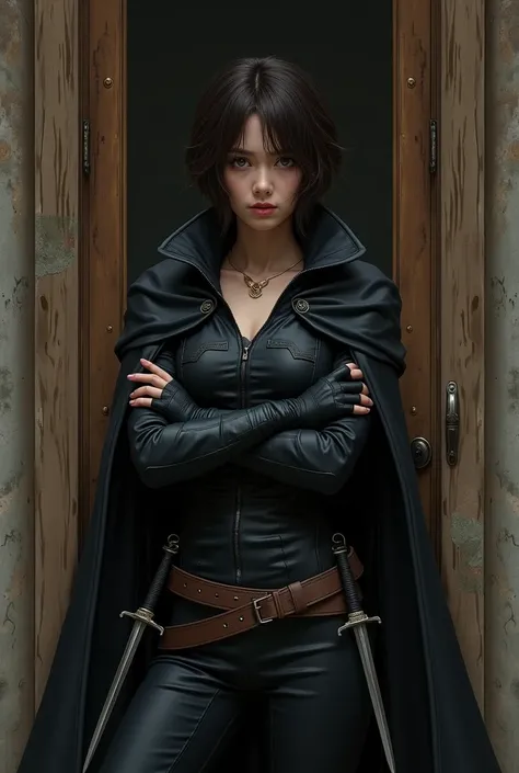 a girl with short dark brown hair, hazel eyes, wearing a black cape, fingerless gloves with daggers on both side of her hips leaning on a door frame and her arms folded 