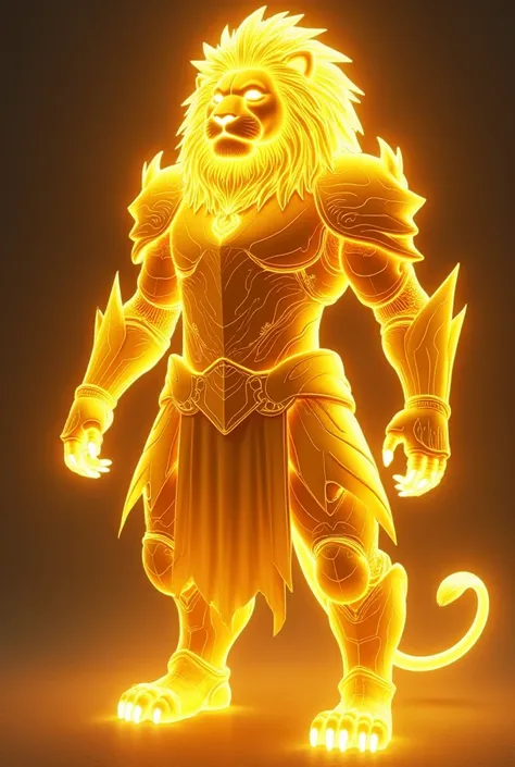 Lion in Armor light,  totally shiny ,Made completely made of light, World of anime, High quality cutlery,  totally yellow color,There's no lion inside, sharp claws,  look like a feline, quadruped,  sharp teeth, quadruped,One meter and 65 tall, Appearance o...